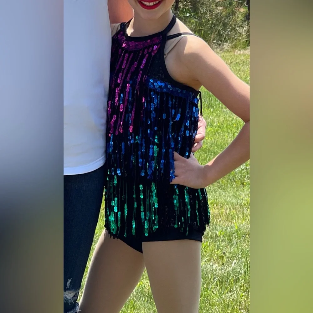 Weissman Black Sequin Fringe Dance Costume with Multicolor Sequins